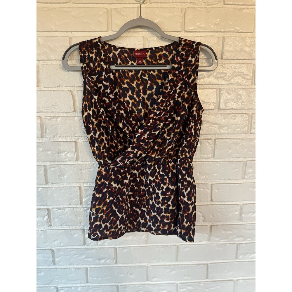 Merona Sleeveless Leopard Print Blouse XS Animal Print Ruched Waist V Neck Top